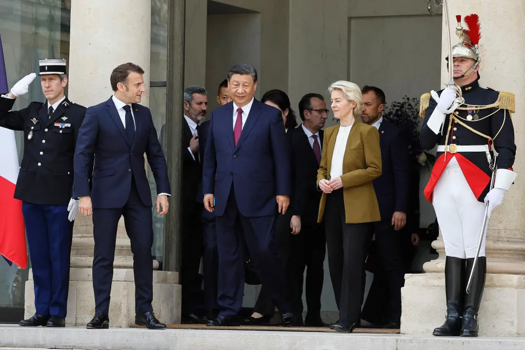 Emmanuel Macron and Ursula von der Leyen flank Chinese President Xi Jinping during his 2024 visit to France.