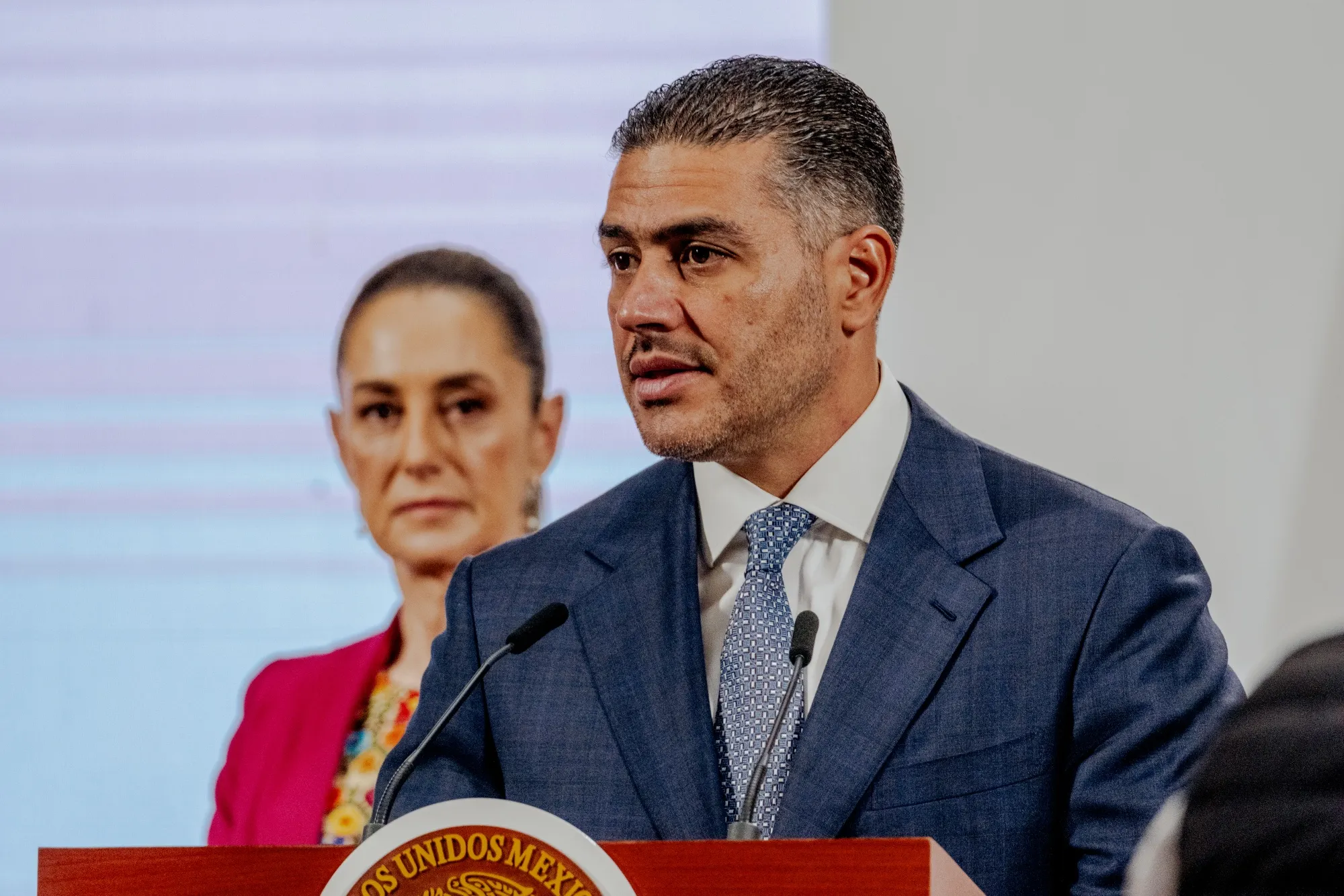 Omar Garcia Harfuch, Mexico’s security minister, with President Claudia Sheinbaum