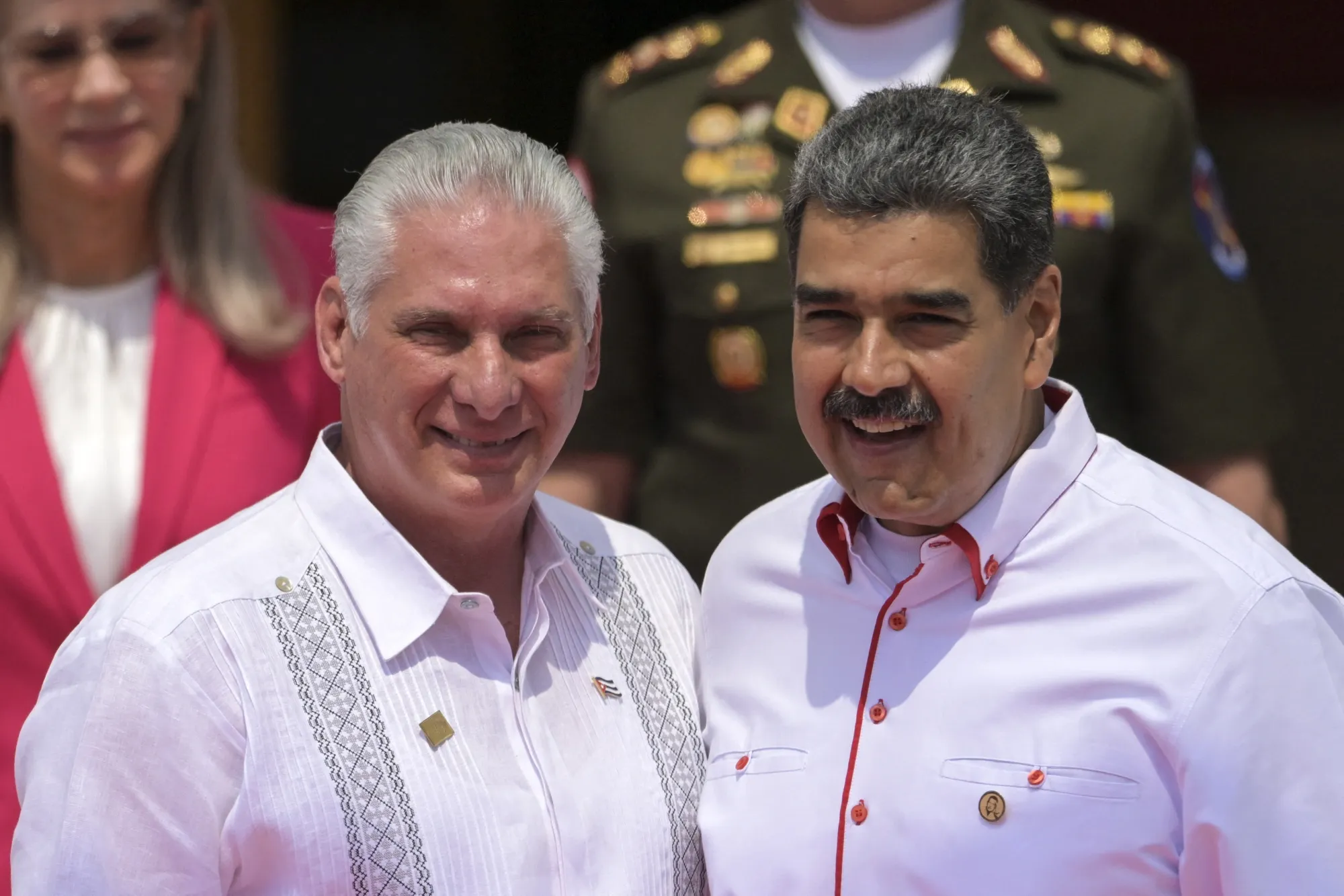 Miguel Díaz-Canel and Nicolás Maduro at Miraflores Palace in Caracas in April 2024.