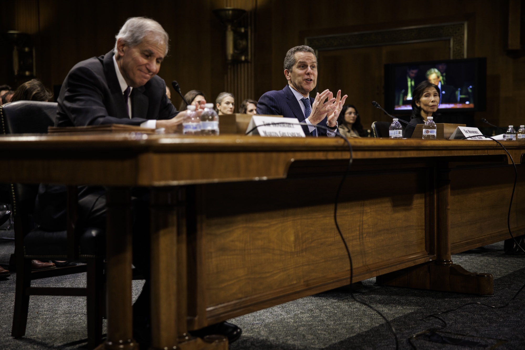 Michael Barr, vice chair for supervision at the US Federal Reserve, speaks during a Senate Banking, Housing, and Urban Affairs Committee hearing with Martin Gruenberg, chairman of theFederal Deposit Insurance Corp., left, and Nellie Liang, under secretary for domestic finance at the US Treasury, right, in Washington, DC, on&nbsp;March 28.&nbsp;