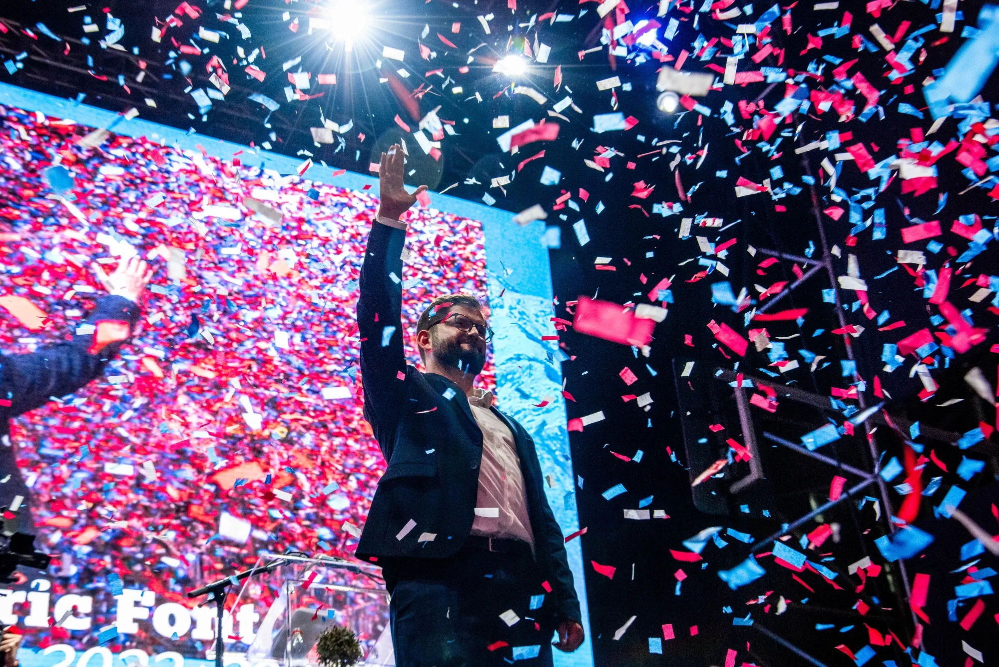 Gabriel Boric during an election night rally in Santiago, on Dec. 19.
