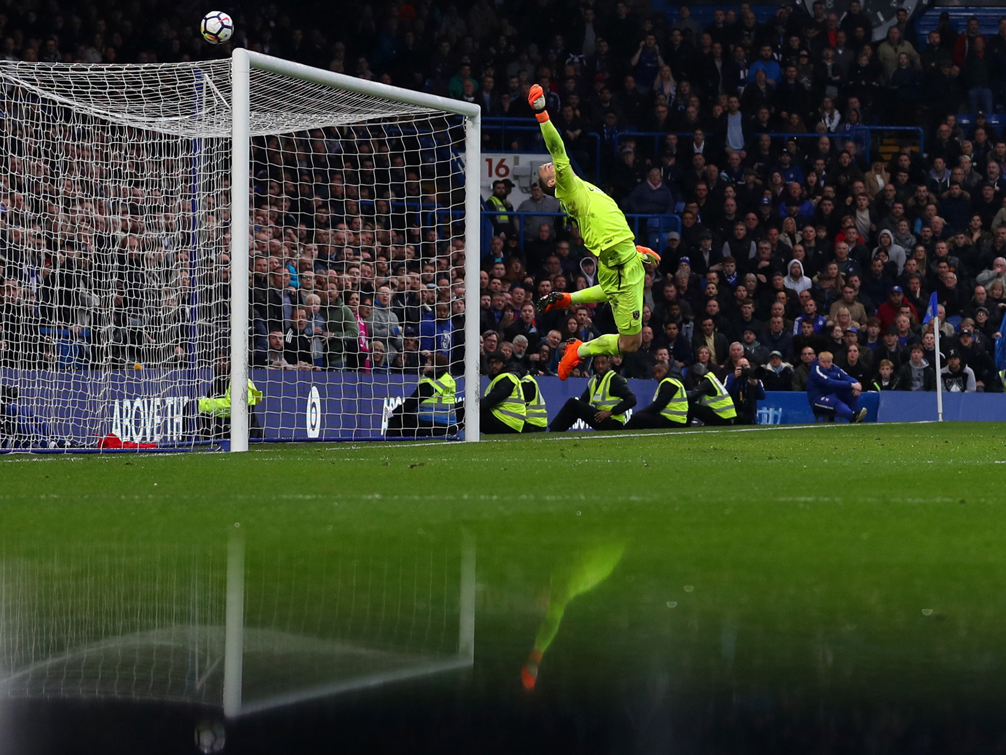 Joe Hart of West Ham United makes a save during the Premier League match between Chelsea and West Ham United on April 8, in London.