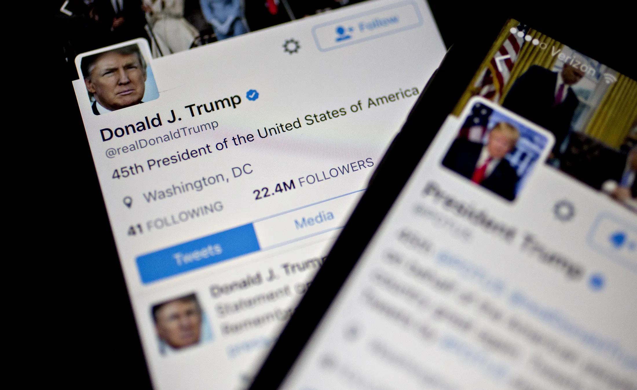 The Twitter Inc. accounts of U.S. President Donald Trump, @POTUS and @realDoanldTrump.
