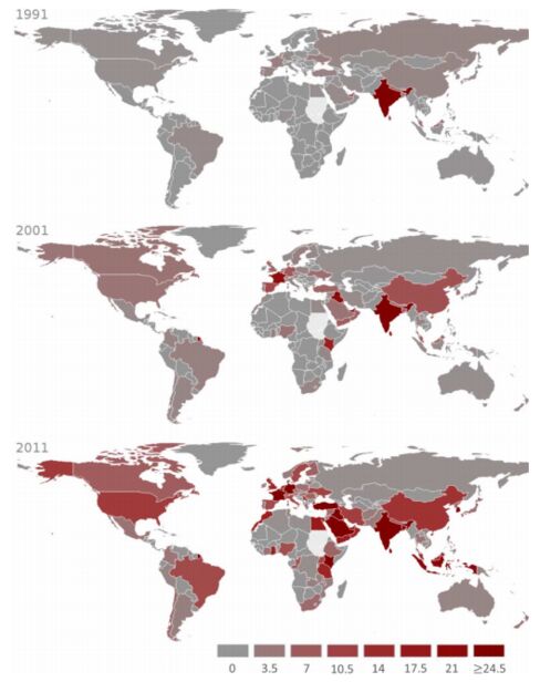 This graphic shows which nations have become more dependent on supplies from India from 1991 to 2011.