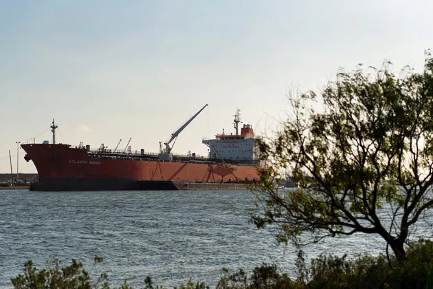 The Atlantic Queen tanker sits at an oil dock at the Port of Corpus Christi in Texas