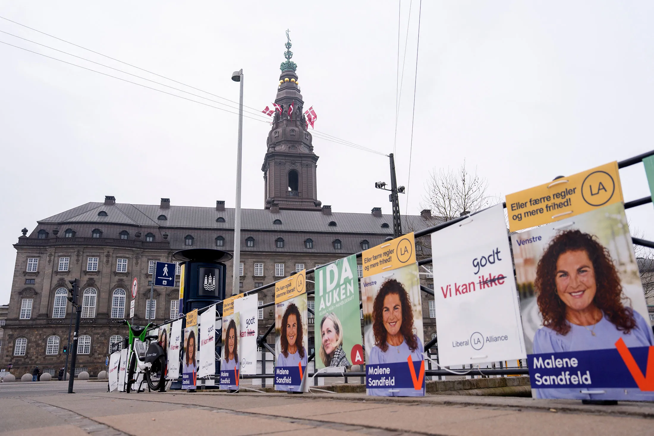 Election posters in front of Denmark's parliament building in Copenhagen.