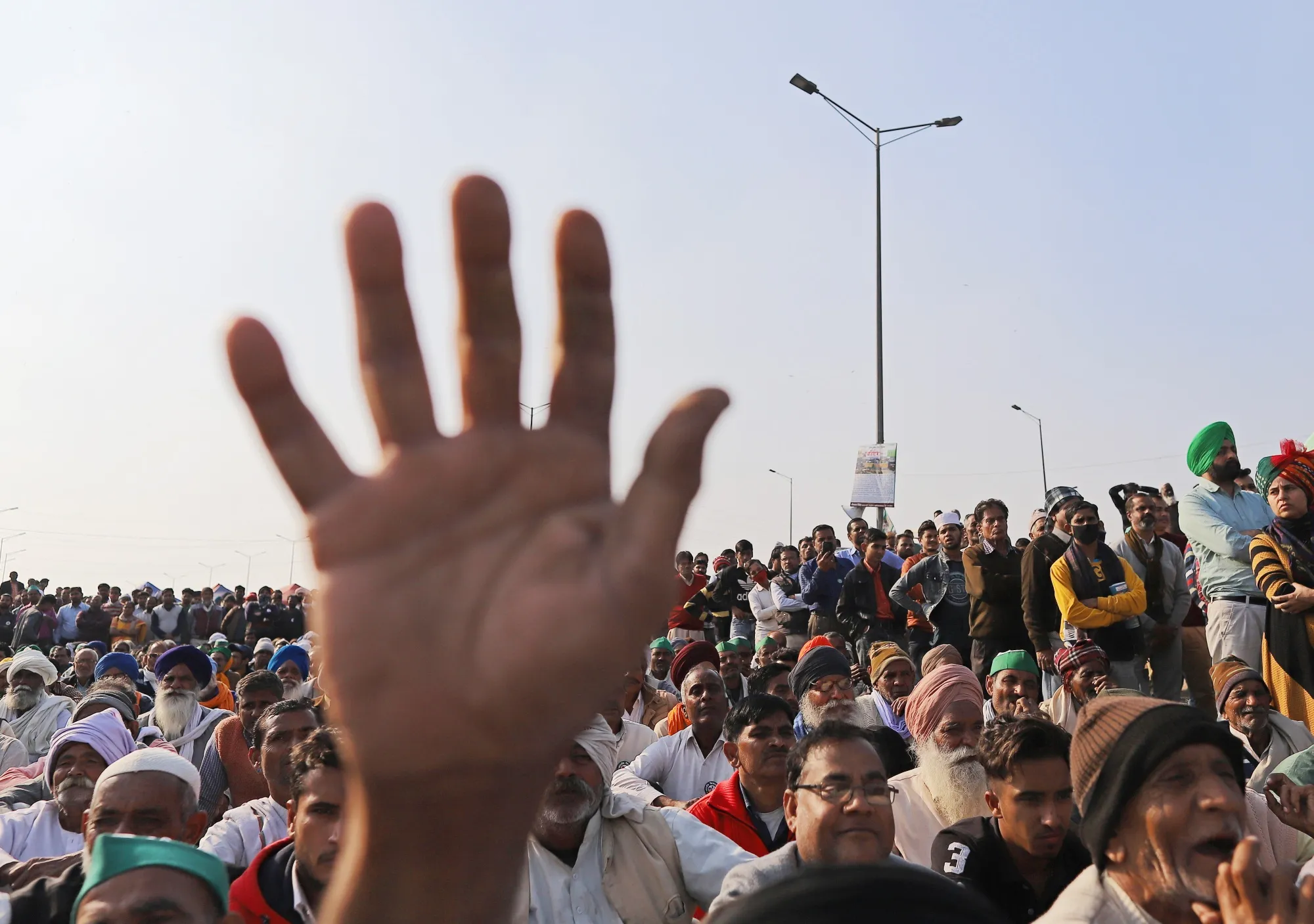 Farmers at a demonstration&nbsp;in Ghazipur on the outskirts of New Delhi, on Feb. 6.