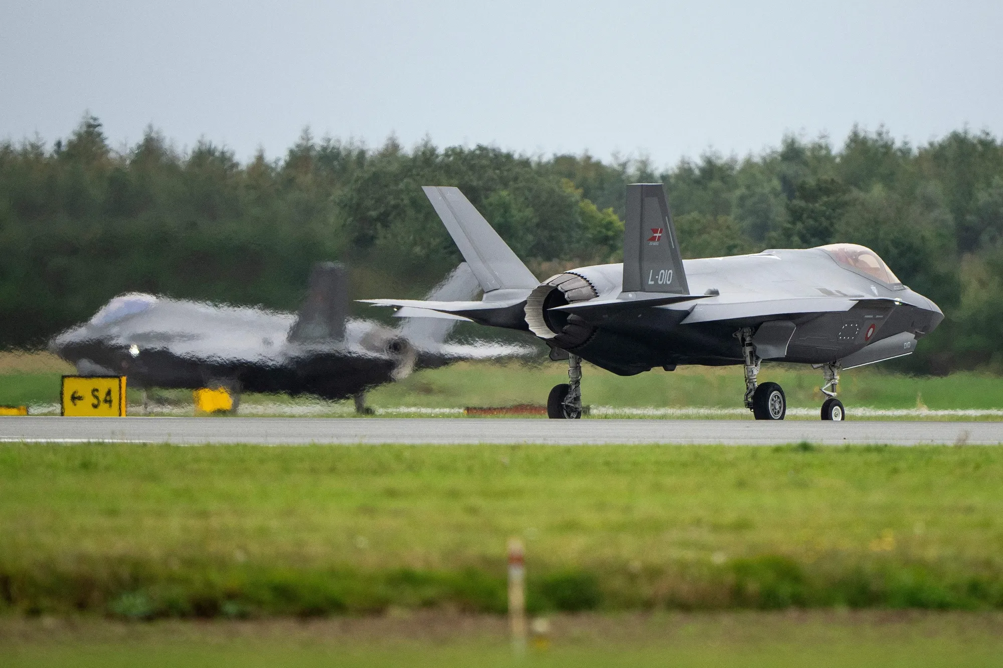 Two F-35 fighter jets at Fighter Wing Skrydstrup air base of the Royal Danish Air Force&nbsp;near Skrydstrup, Denmark.