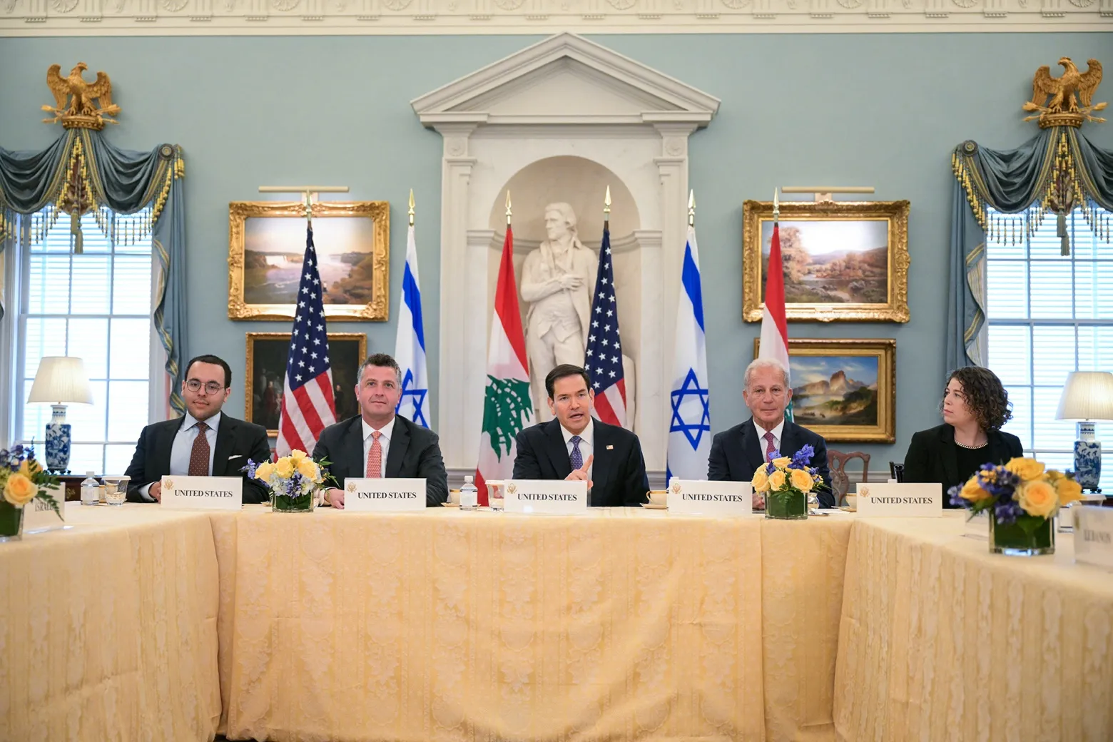 US Secretary of State Marco Rubio, center, during a meeting with officials from Lebanon and Israel at the State Department in Washington on April 14.