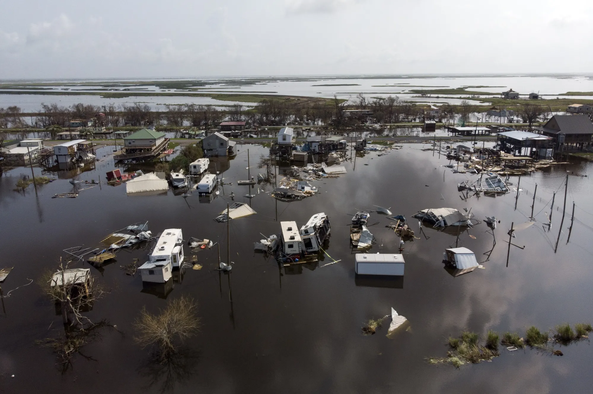Damaged homes in floodwater after Hurricane Ida made landfall in Pointe-Aux-Chenes, Louisiana in 2021.
