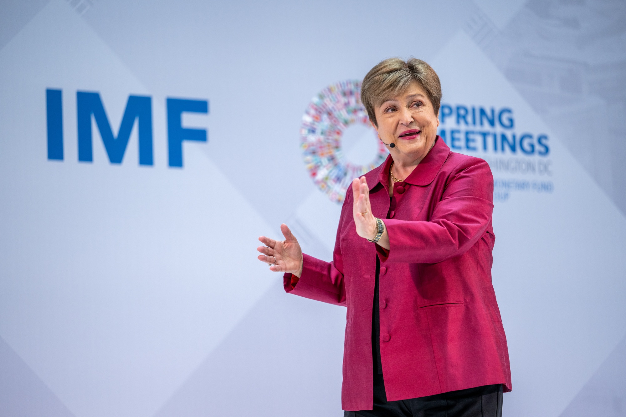 Kristalina Georgieva, managing director of the International Monetary Fund (IMF), during a curtain raiser speech ahead of the International Monetary Fund (IMF) and World Bank Spring meetings at the IMF headquarters in Washington, DC, US, on Thursday, April 9, 2026. The International Monetary Fund said that the conflict in the Middle East is a major supply shock that will test the resilience of a world with limited scope for fiscal support, even as US and Iran have negotiated a two-week ceasefire. Photographer: Daniel Heuer/Bloomberg