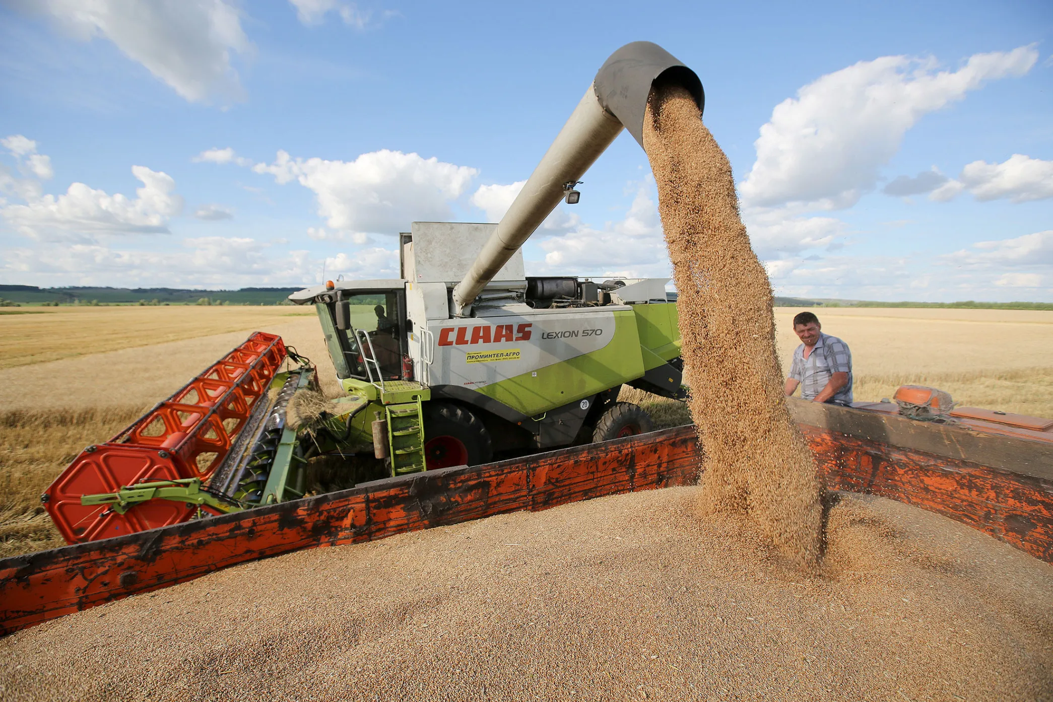 Summer wheat harvest at the OAO Krasny Vostok Agro agricultural enterprise near Bolshiye Achasary village in the Republic of Tatarstan, Russia.
