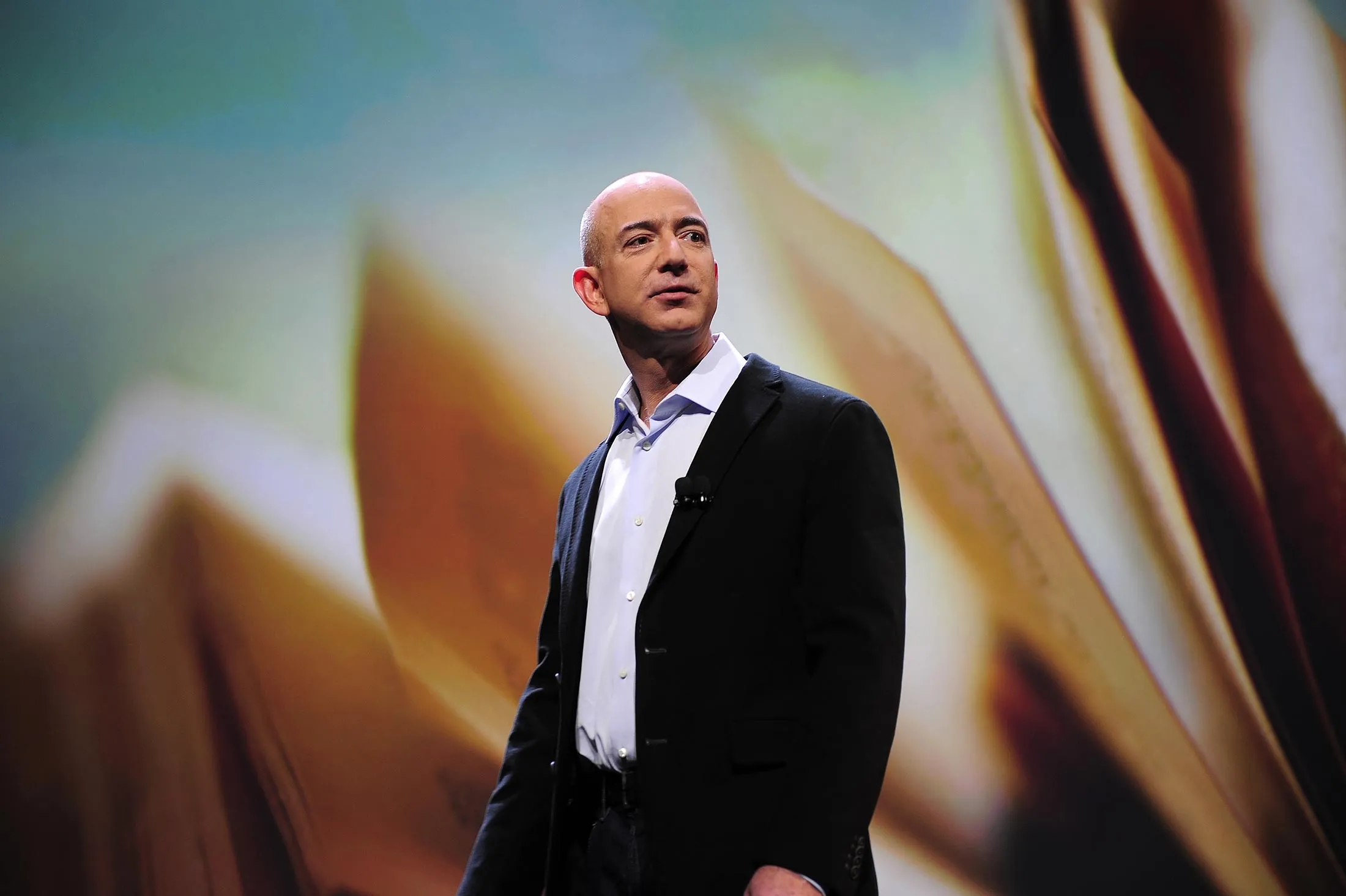 Amazon CEO Jeff Bezos addresses a press conference in New York.
