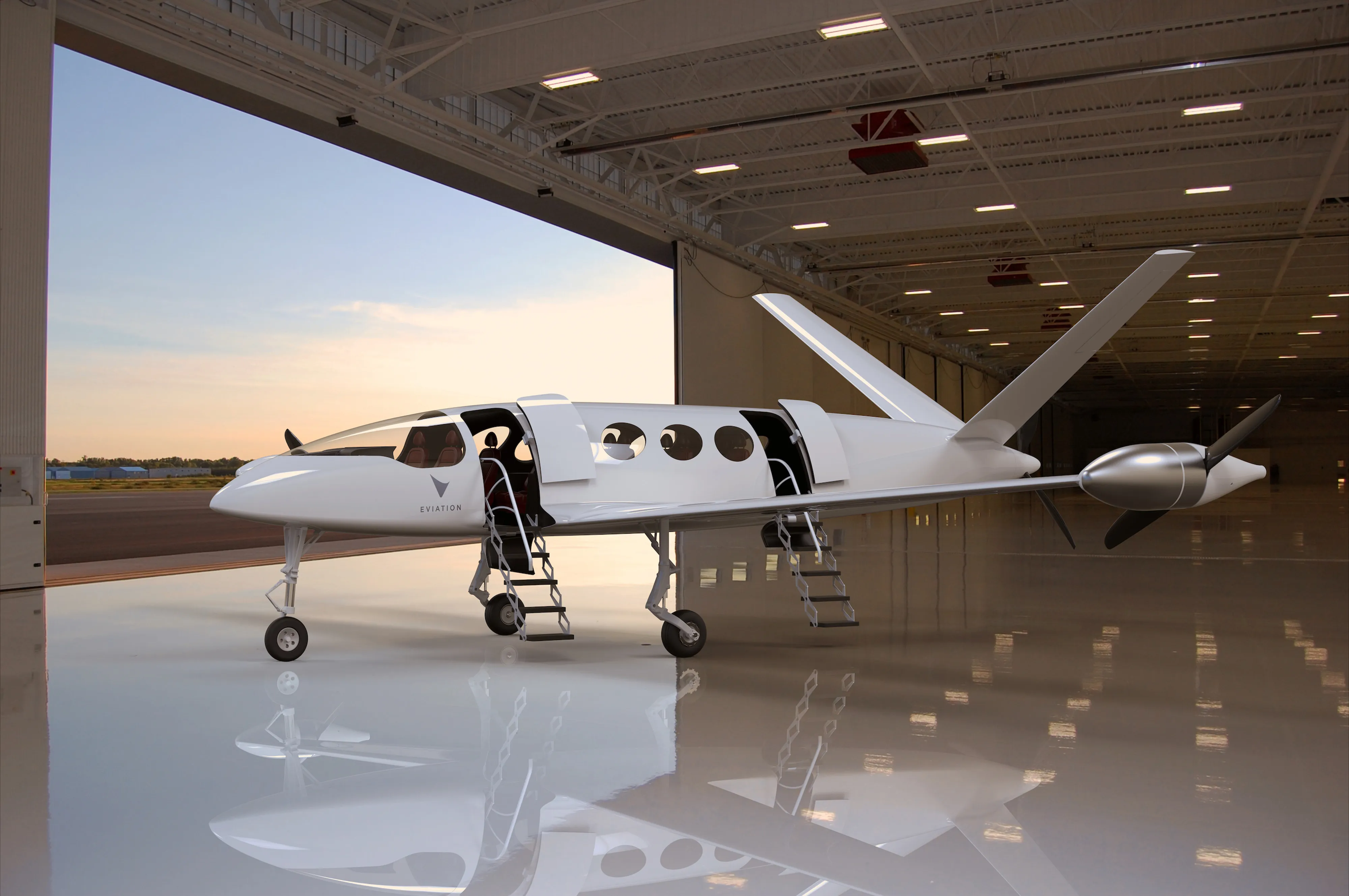 The Eviation Alice commuter all electric passenger aircraft prototype sits in a hangar.&nbsp;