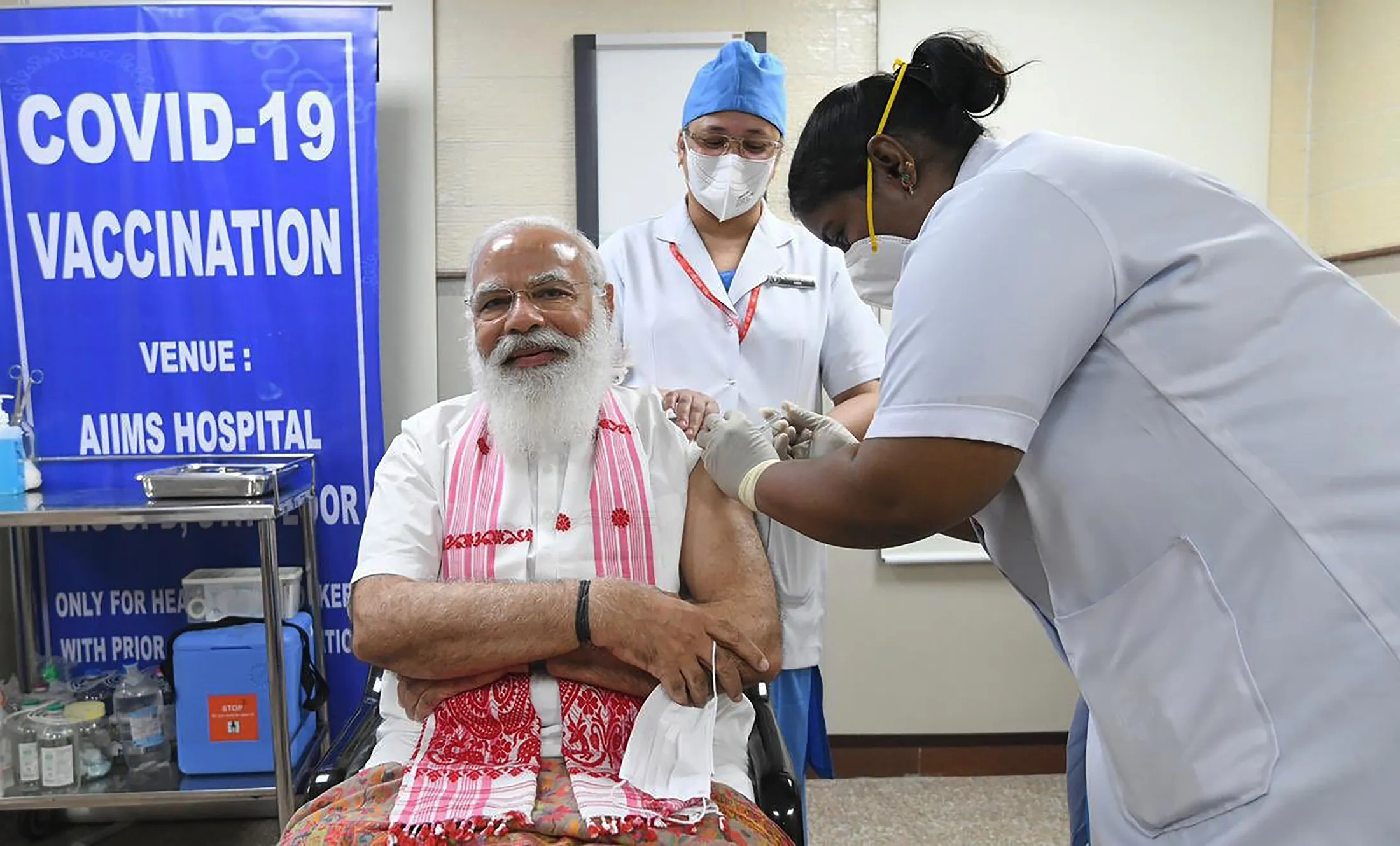 Narendra Modi is administered a COVID-19 vaccine in New Delhi, India, on&nbsp;March 1.