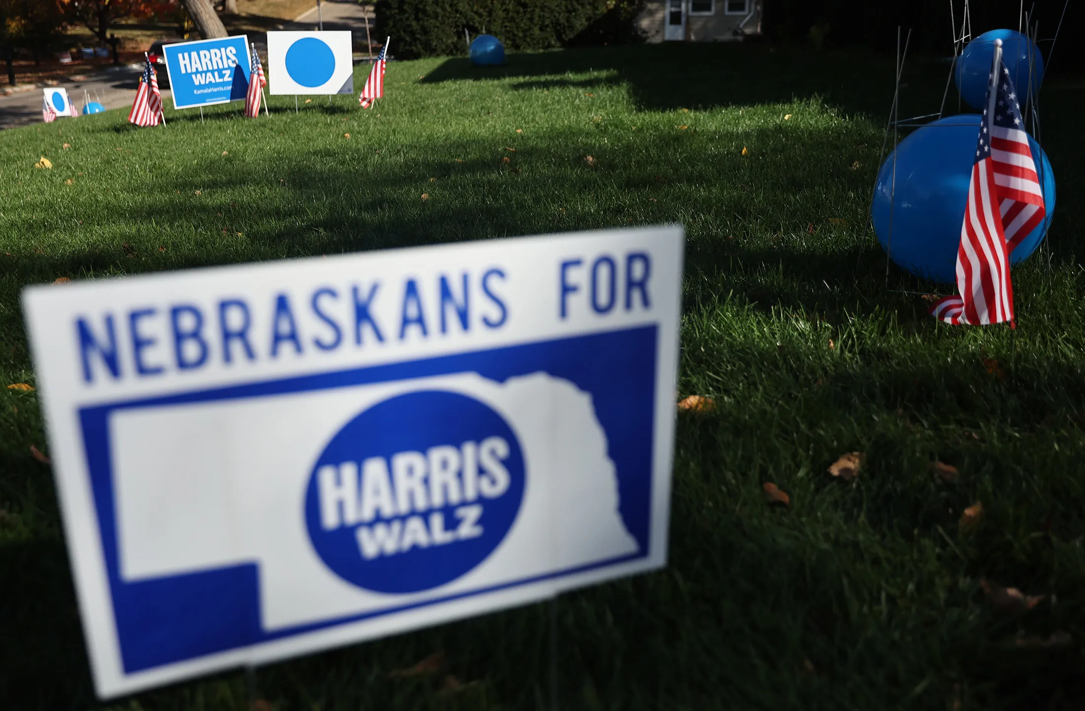 A 'Blue Dot' sign and 'Nebraskans For Harris Walz' sign&nbsp;on a front lawn near Omaha, Nebraska.