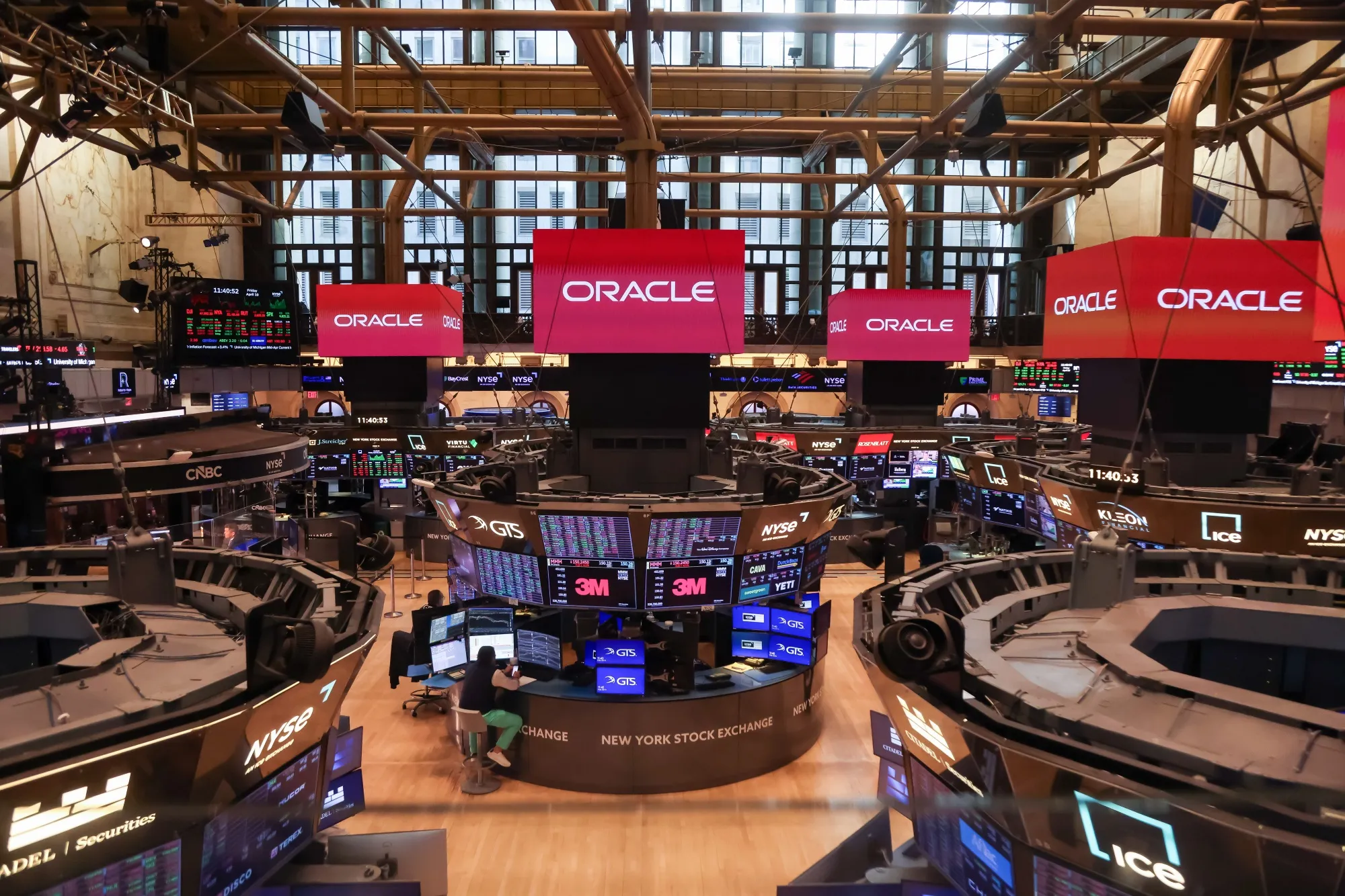 Oracle Corp. signage on the floor of the New York Stock Exchange.