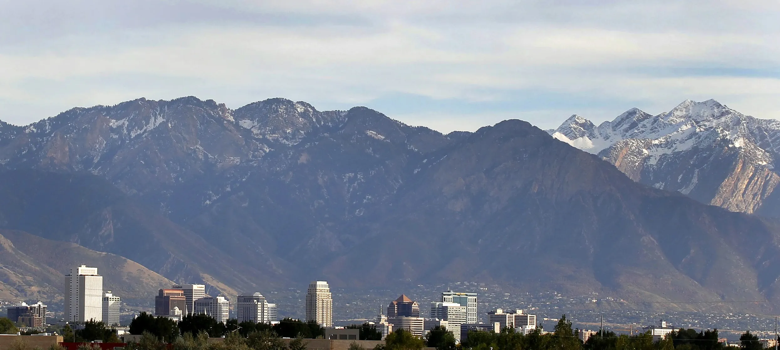 Mountains frame the skyline of Salt Lake City, Utah.