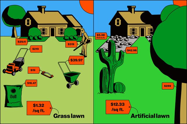 The basics for a real and fake lawn, not taking into the most precious resource, water, which can add hundreds of dollars a year to grass maintenance costs.