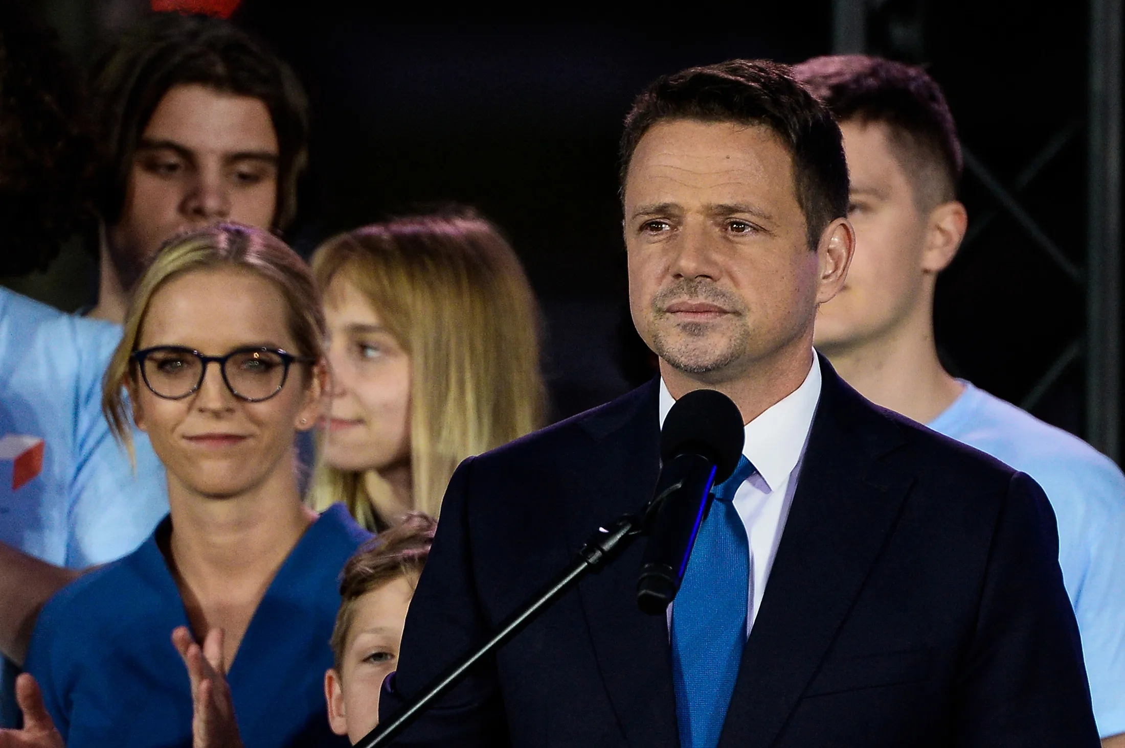 WARSAW, POLAND - JULY 12: Rafal Trzaskowski&nbsp;delivers a speech following the results from exit polls during a presidential election run-off in Warsaw, Poland, on July 12.