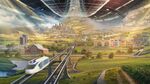 An artist's rendering of a space habitat that Jeff Bezos presented onstage for Blue Origin. The Geisel Library at the University of California, San Diego, can be seen at right, and a city that resembles Seattle appears in the background.