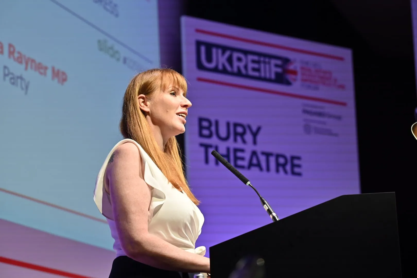 Angela Rayner delivers a keynote speech at UKREiiF in Leeds on May 21.