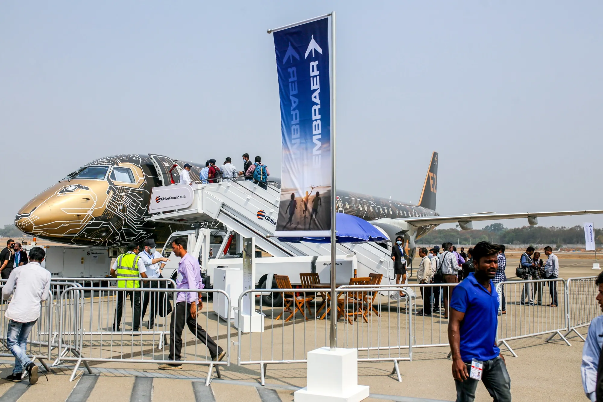 An Embraer SA E195-E2 aircraft at the Wings India 2022 Air Show in Hyderabad, India.