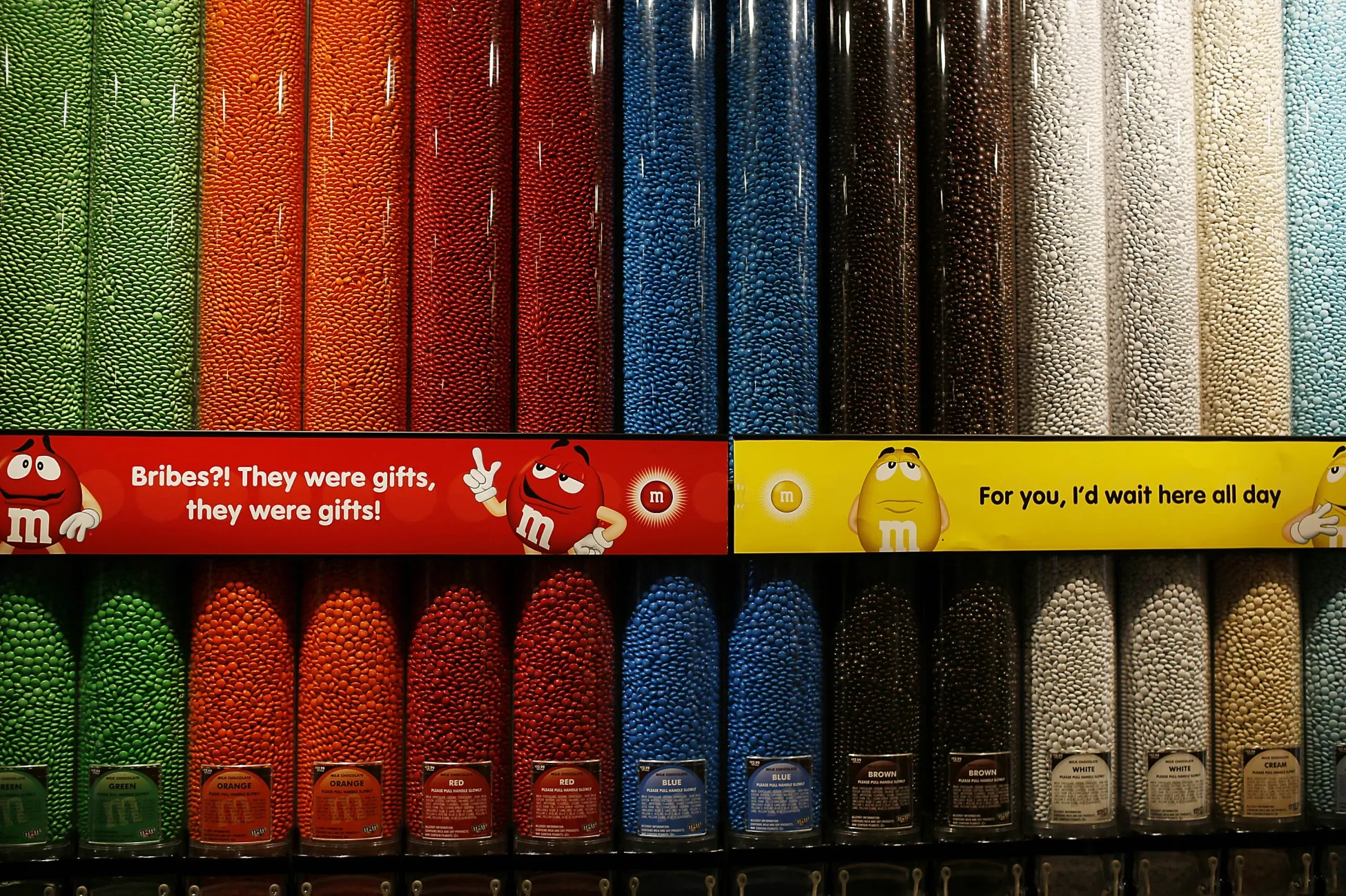 Rows of M&M candies are displayed for sale at the Mars Inc. M&M's World store in New York.