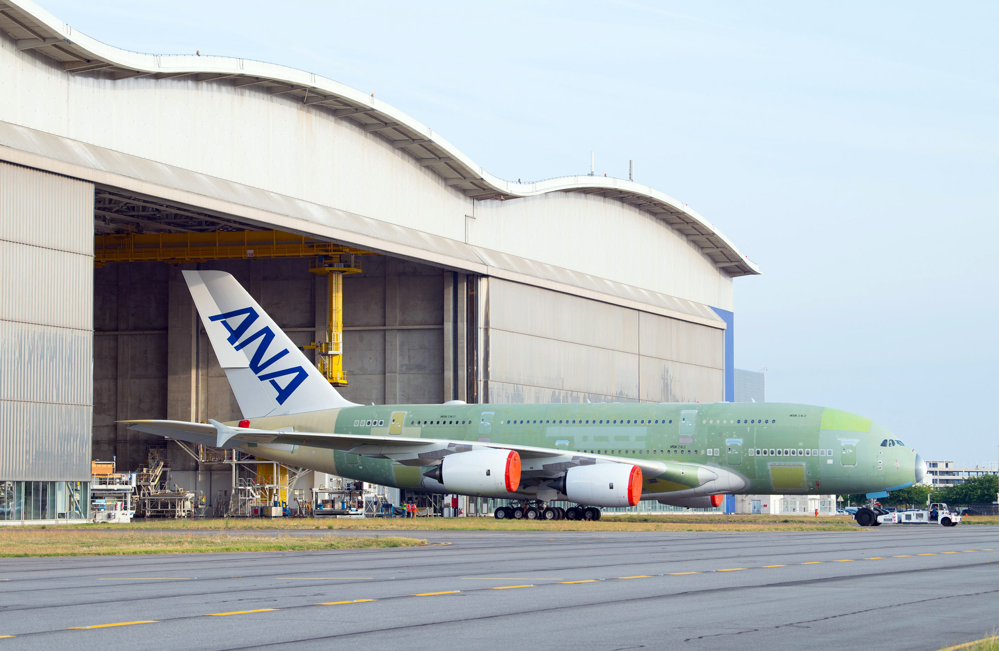 An All Nippon Airways A380 jet departs the Jean-Luc Lagardere plant in Toulouse, France in 2018.