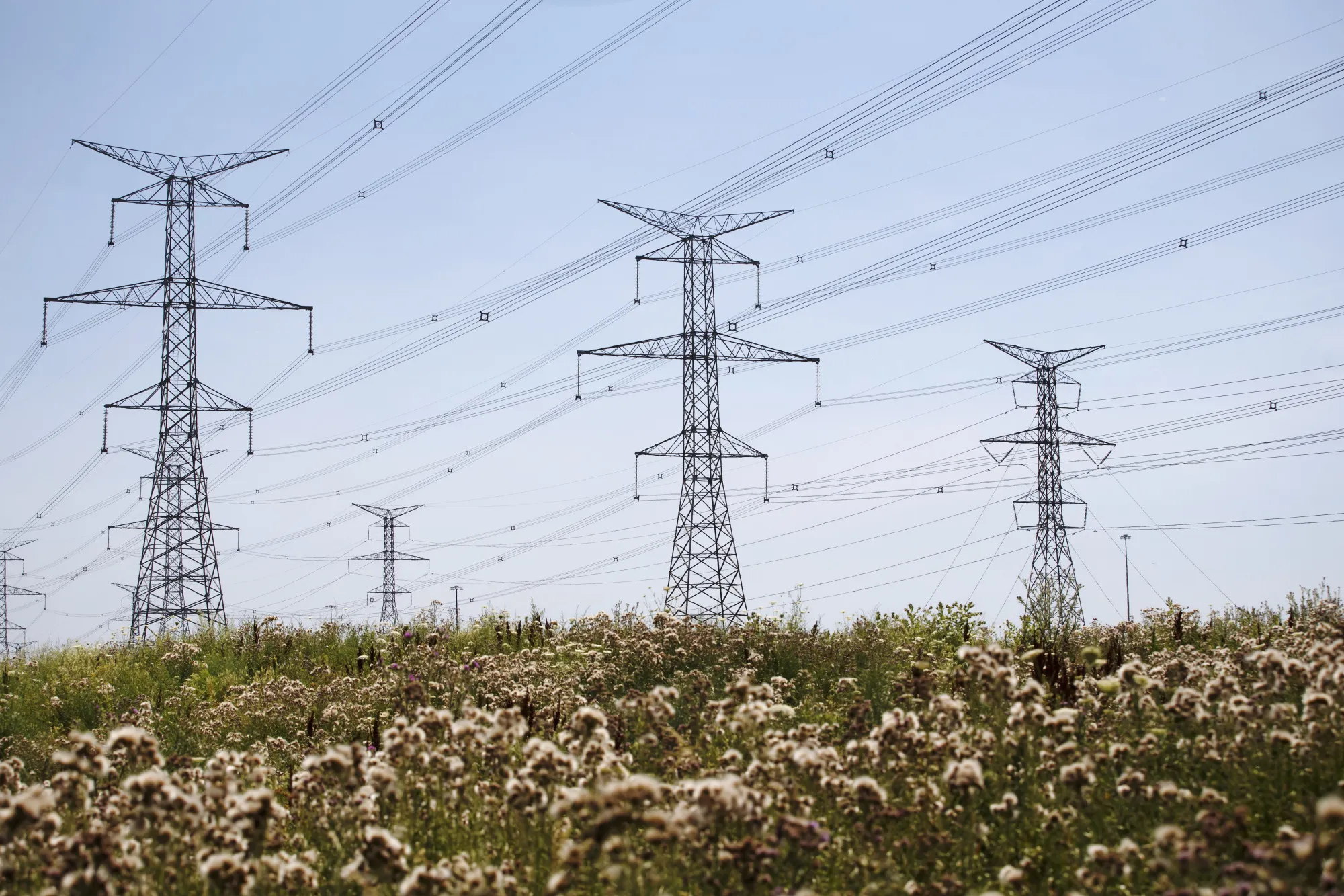 Hydro One Ltd. transmission towers in Toronto, Ontario, Canada.