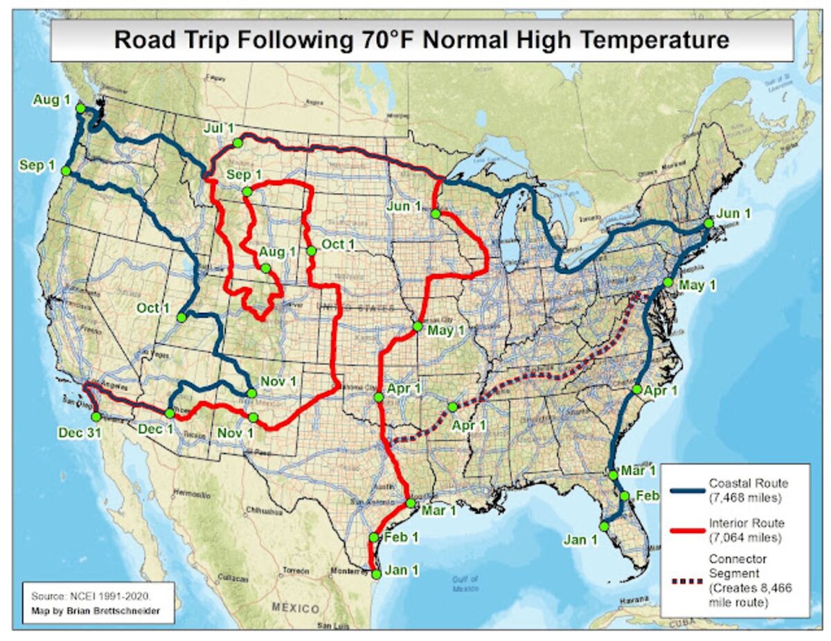 Mapping a Road Trip With the Perfect 70 Degree Weather - Bloomberg