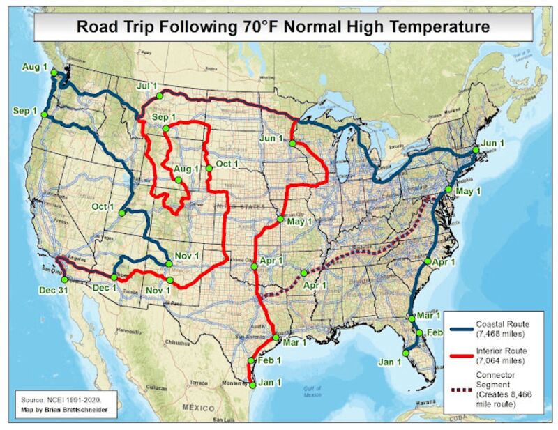 The updated road trip map from climate scientist Brian Brettschneider offers multiple routes for 70 degree days.