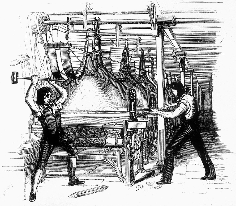 An illustration of Luddites smashing textile machines.