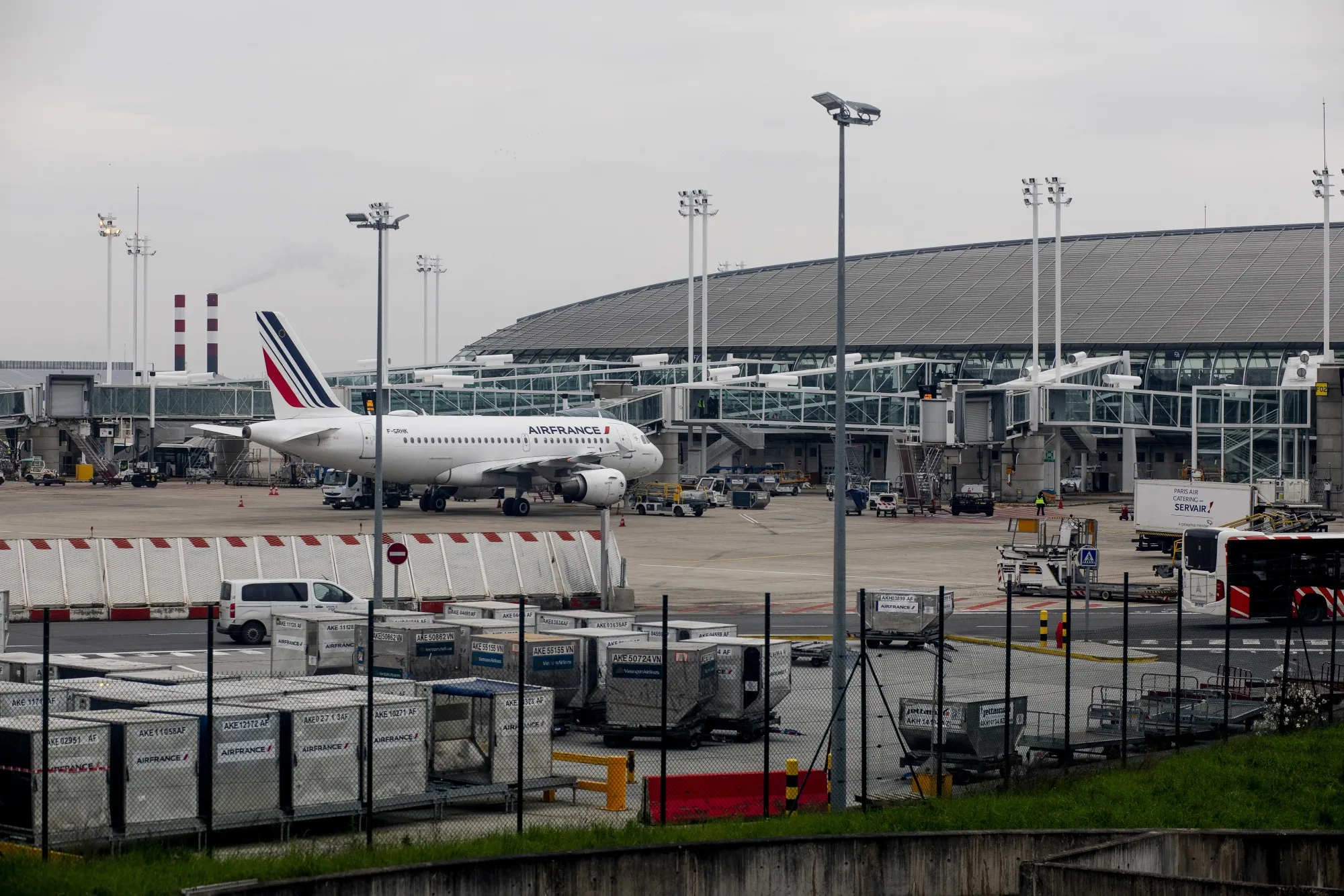 An Air France-KLM aircraft stands at Charles de Gaulle Airport on March 16.&nbsp;