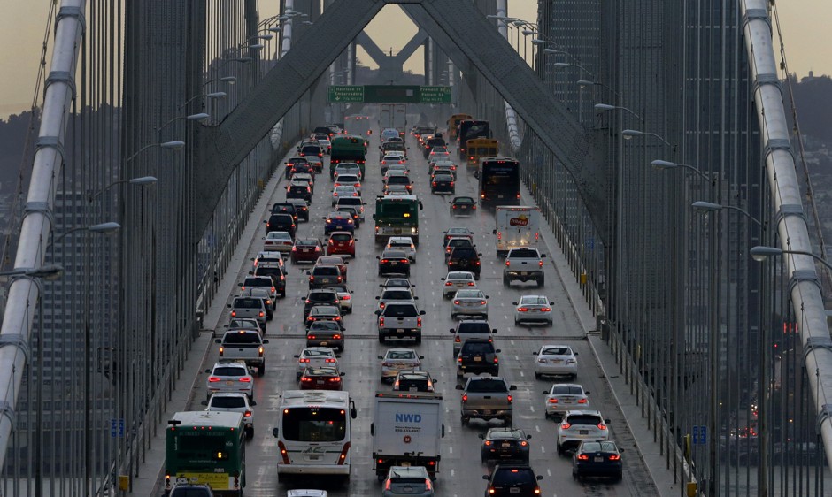 Cars sit in traffic on the San Francisco-Oakland Bay Bridge on December 10, 2015.