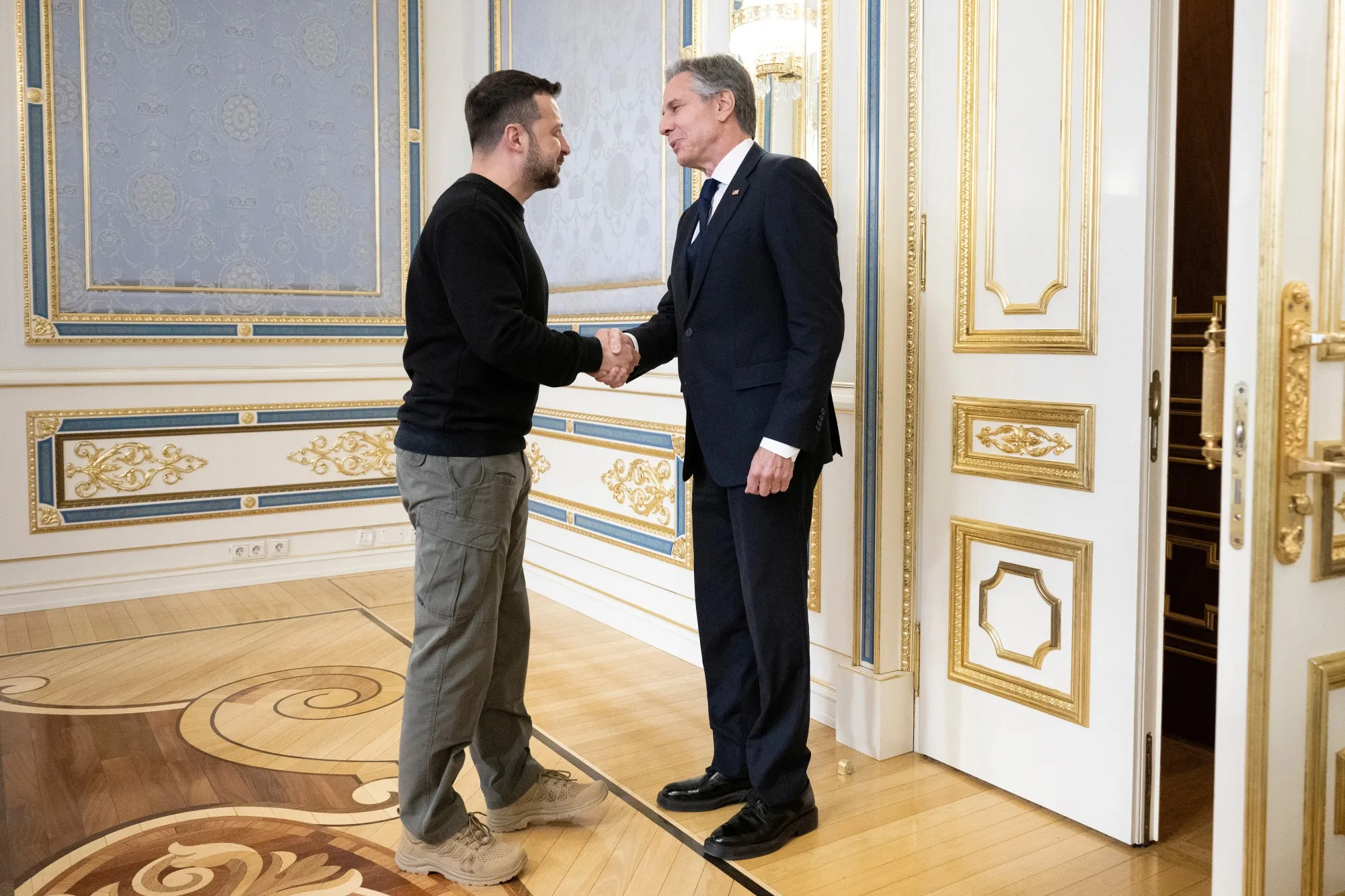 Volodymyr Zelenskiy, left, greets Antony Blinken in Kyiv on May 14.
