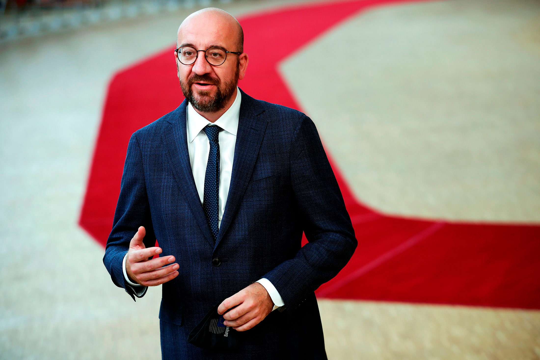 European Council President Charles Michel makes a statement prior to a round table meeting at an EU summit in Brussels on July 20.
