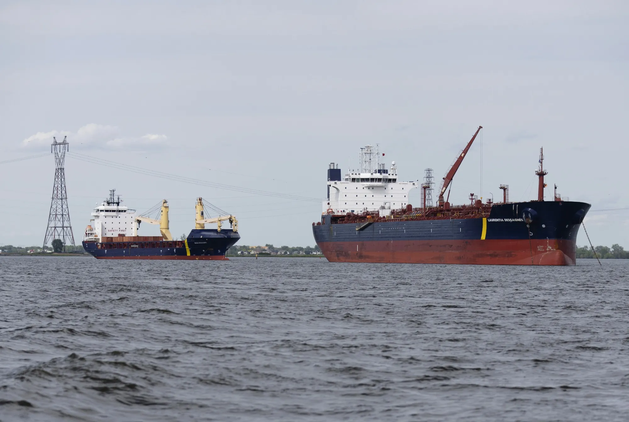 Ships anchored off the Port of Montreal in Montreal, Quebec.
