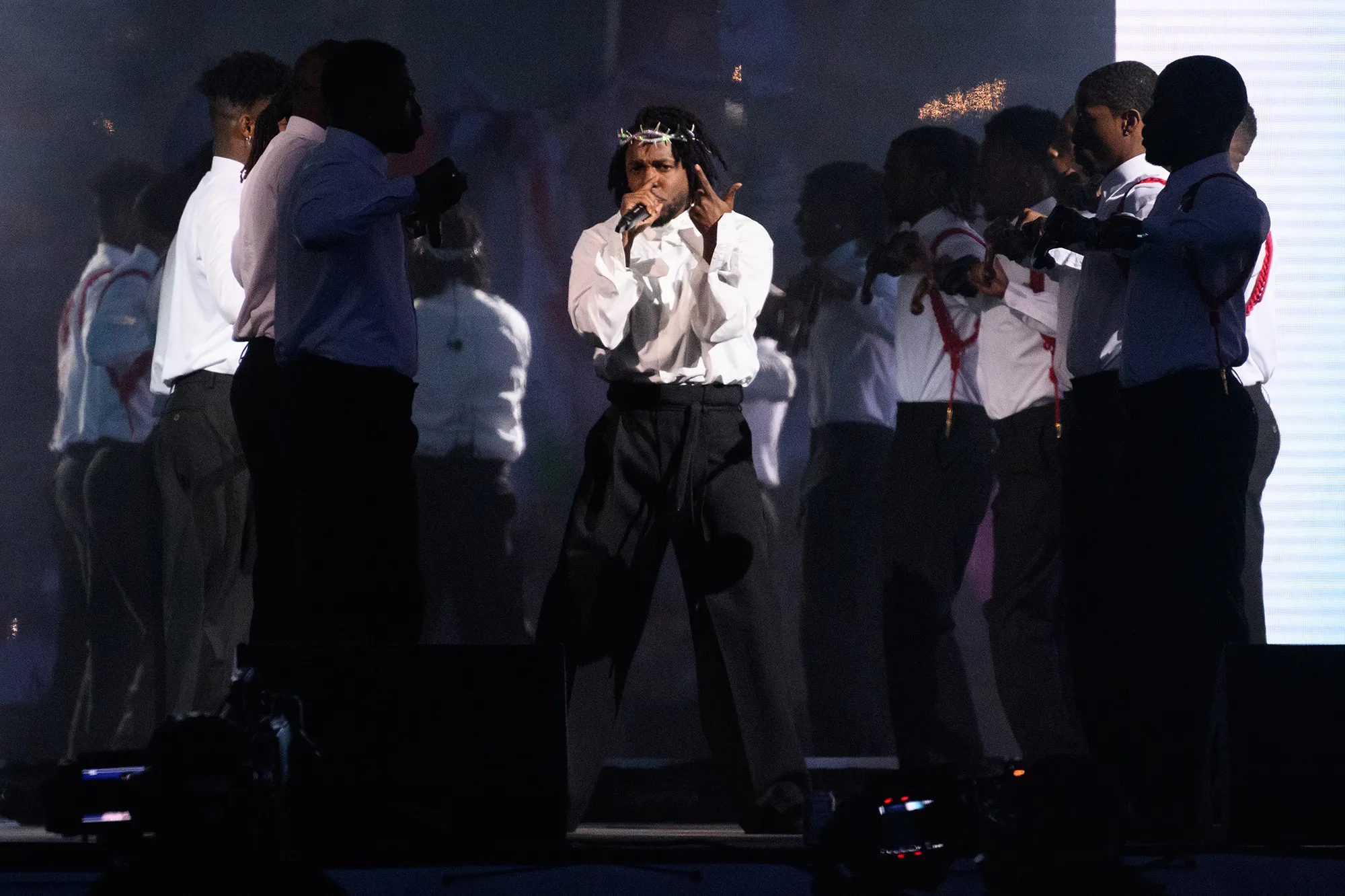 Kendrick Lamar headlines on the Pyramid Stage during day five of Glastonbury Festival on June 26.