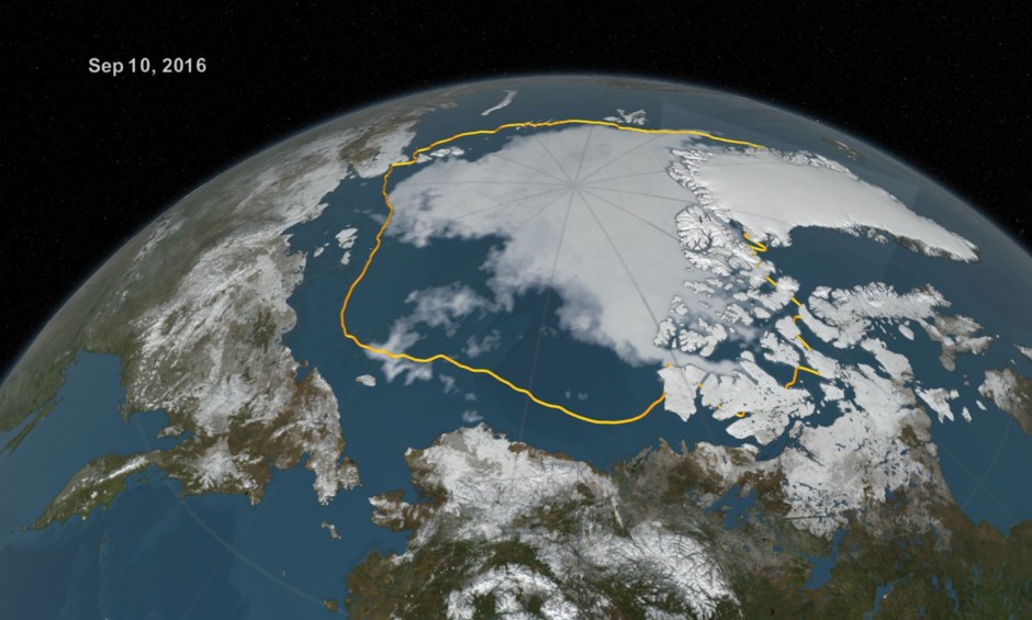 The minimum extent of sea ice in summer 2016 is shown alongside the 1981–2010 average (yellow line).