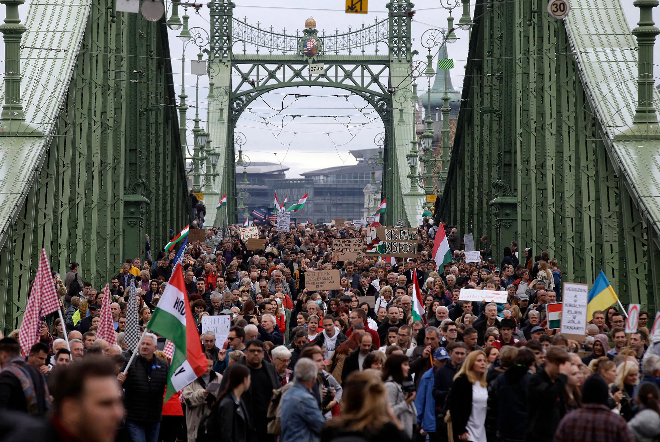People demonstrate during a protest of teachers and students against the government's education policy in Budapest, Hungary, on Oct.&nbsp;23.