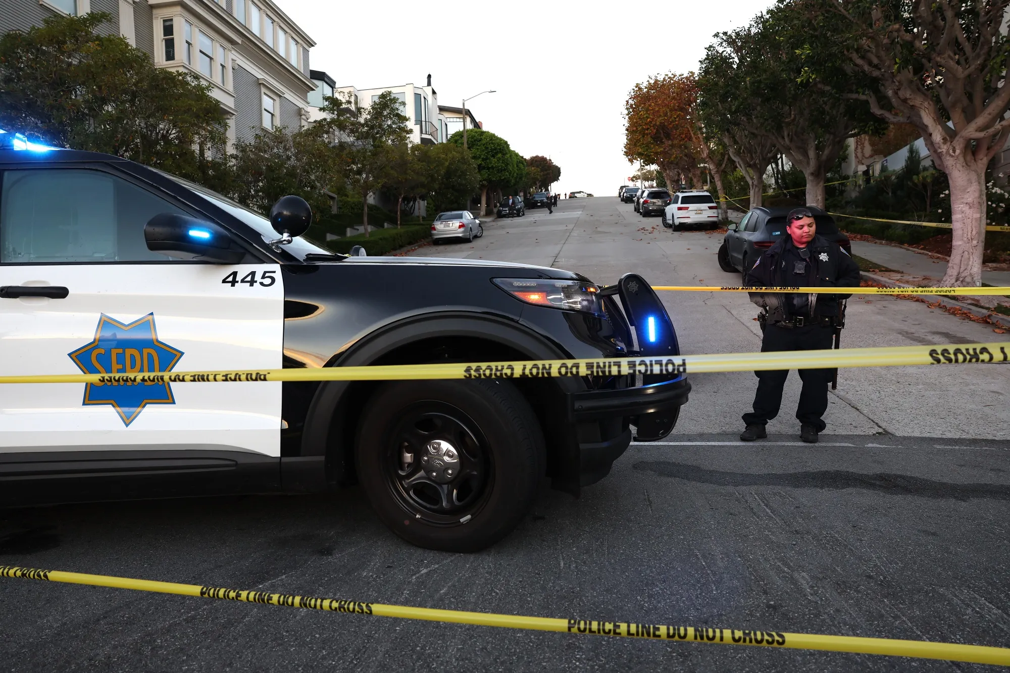 A San Francisco police officer&nbsp;in front of Nancy Pelosi’s home on Oct. 28.