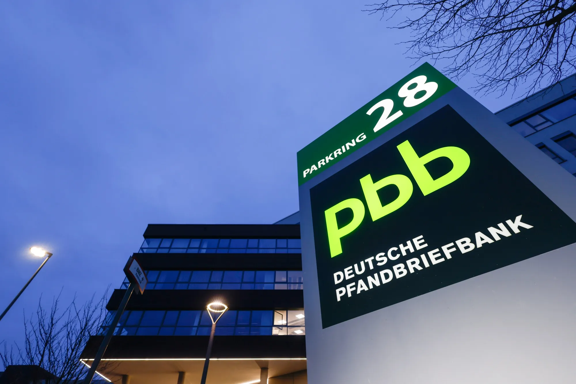 A logo on a sign outside the headquarters of Deutsche Pfandbriefbank&nbsp;in Garching, Germany.