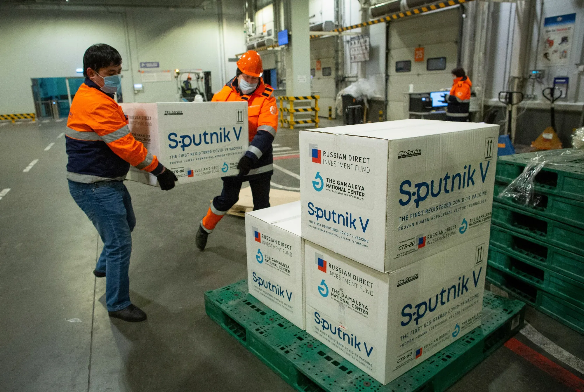 Boxes of Sputnik V Covid-19 vaccines are loaded at Sheremetyevo airport in Moscow on Feb. 11.