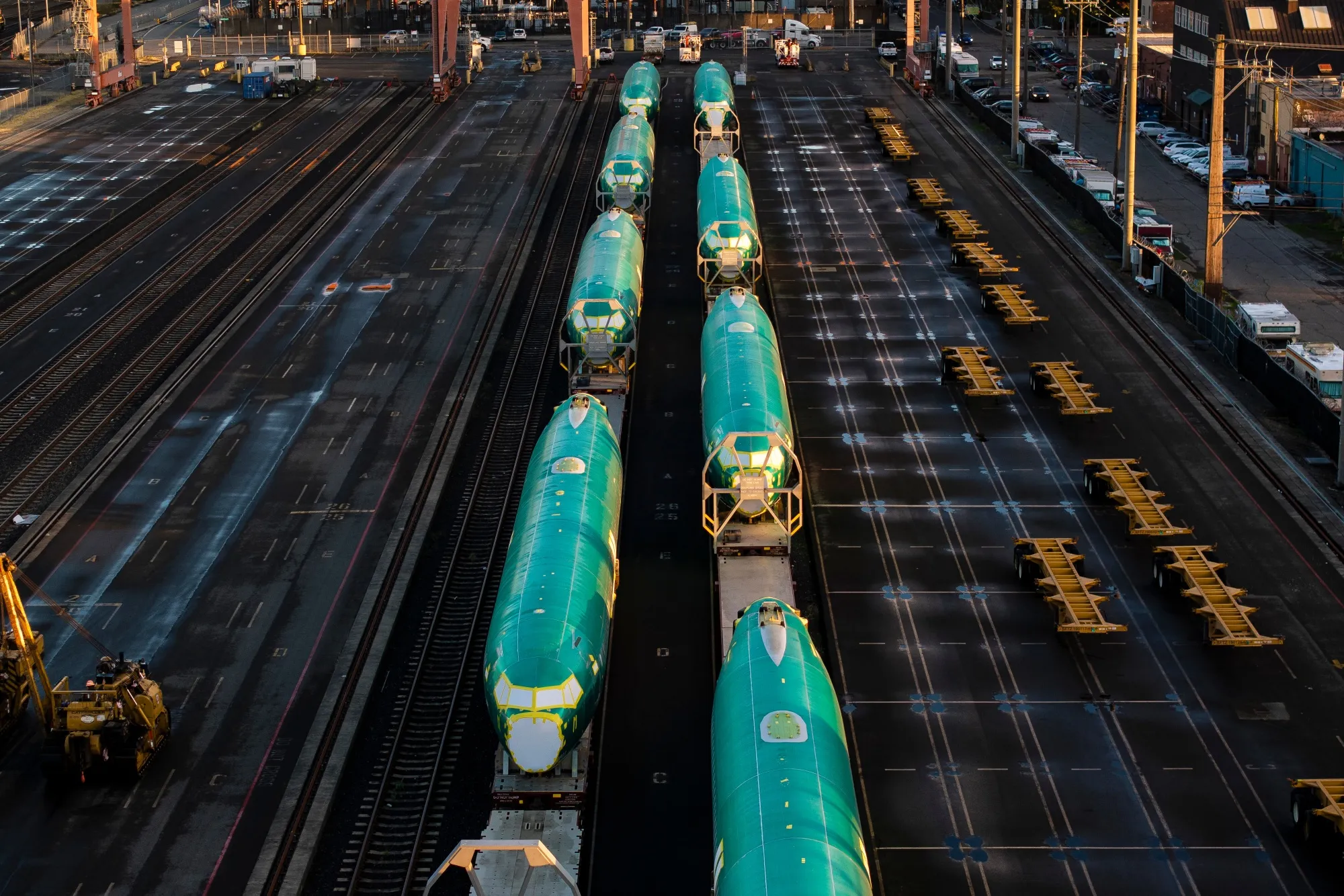 Boeing 737 Max fuselages on railcars in Seattle, Washington.