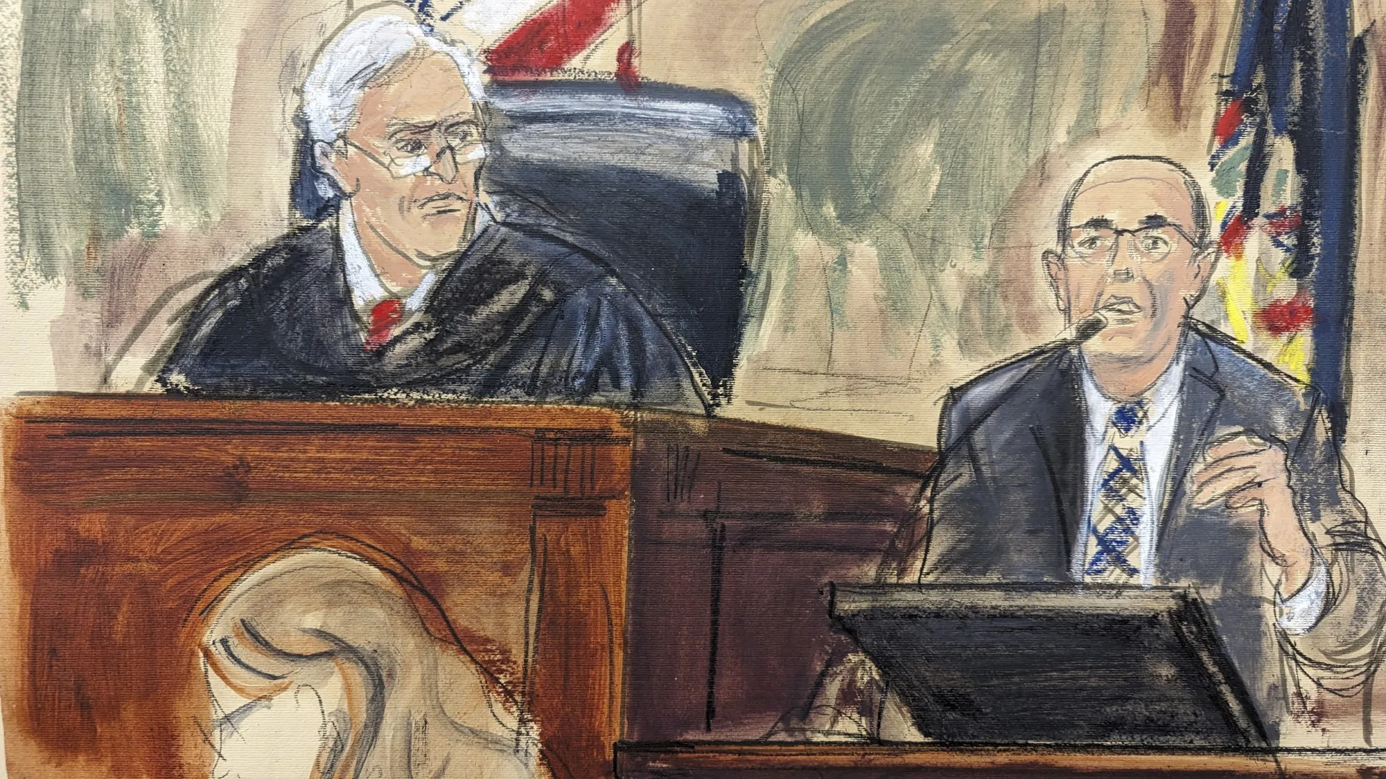 Justice Arthur Engoron listens to testimony from Donald Bender in a courtroom sketch on October 2.&nbsp;