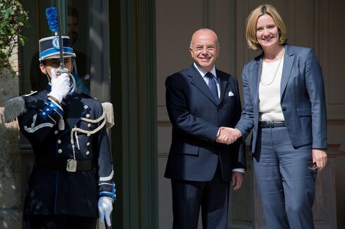 Bernard Cazeneuve, left, shakes hands with Amber Rudd before a meeting in Paris, on Aug. 30, 2016.