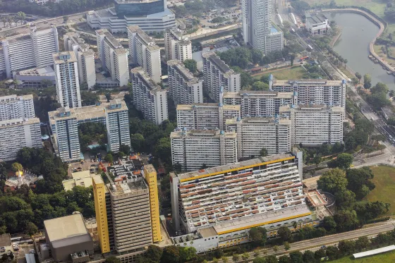 The Golden Mile Tower, front left, is priced at S$556 million ($420 million), about 7% lower than the S$600 million price tag in April last year, according to the local newspaper.