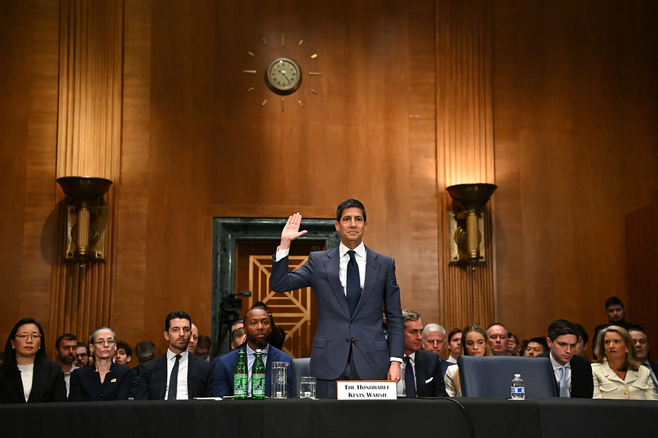 Kevin Warsh&nbsp;being sworn in on Tuesday during his confirmation hearing with the Senate Banking, Housing, and Urban Affairs Committee.