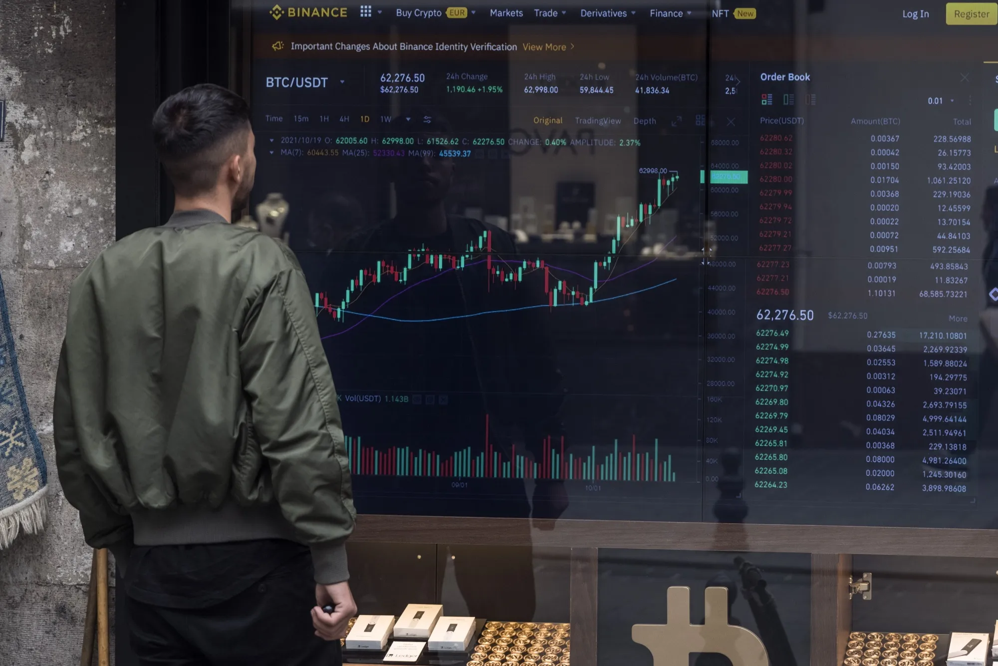 A person looks at the Bitcoin trading graph.